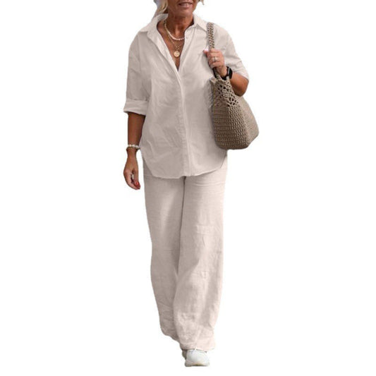 Lapel-collar Long-sleeve Shirt Casual Solid-color Pants Wide-leg Set