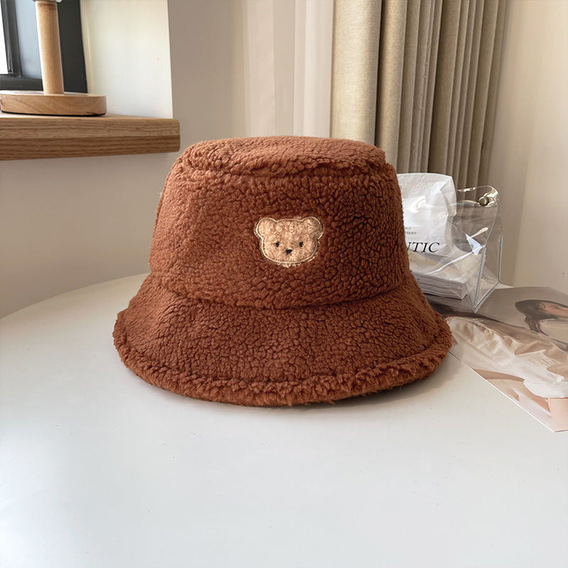 Cute Bear Lamb Hair Fisherman Corduroy Warm Basin Hat