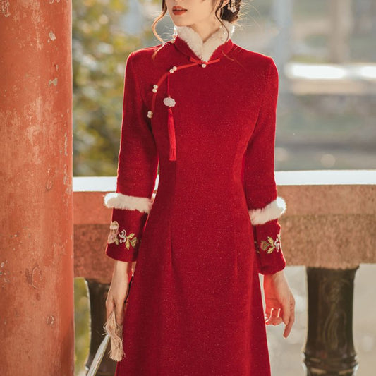 Fortykket Vinrød Brudetoast Moderniseret Cheongsam Stil Kjole