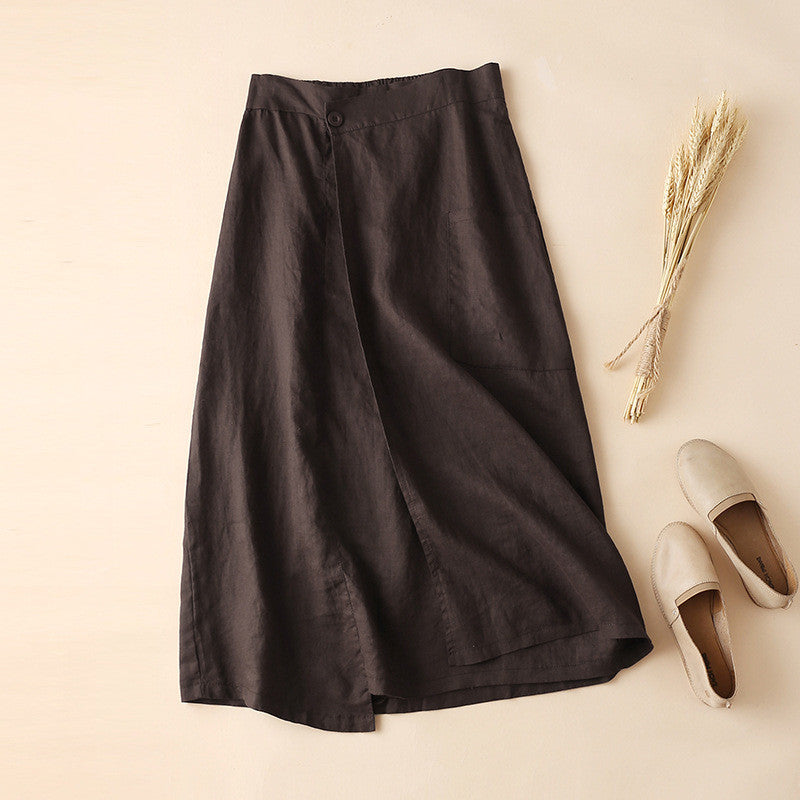 Women Elastic Waist Linen Knee-length A-line Skirt