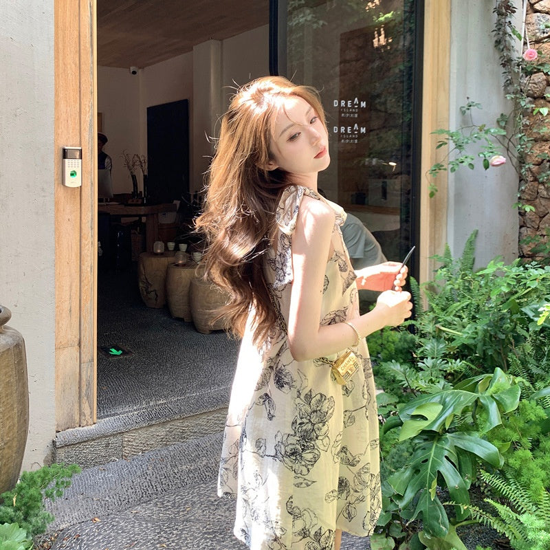 Womens Chinese-style Floral Slip Dress With Neck Strap