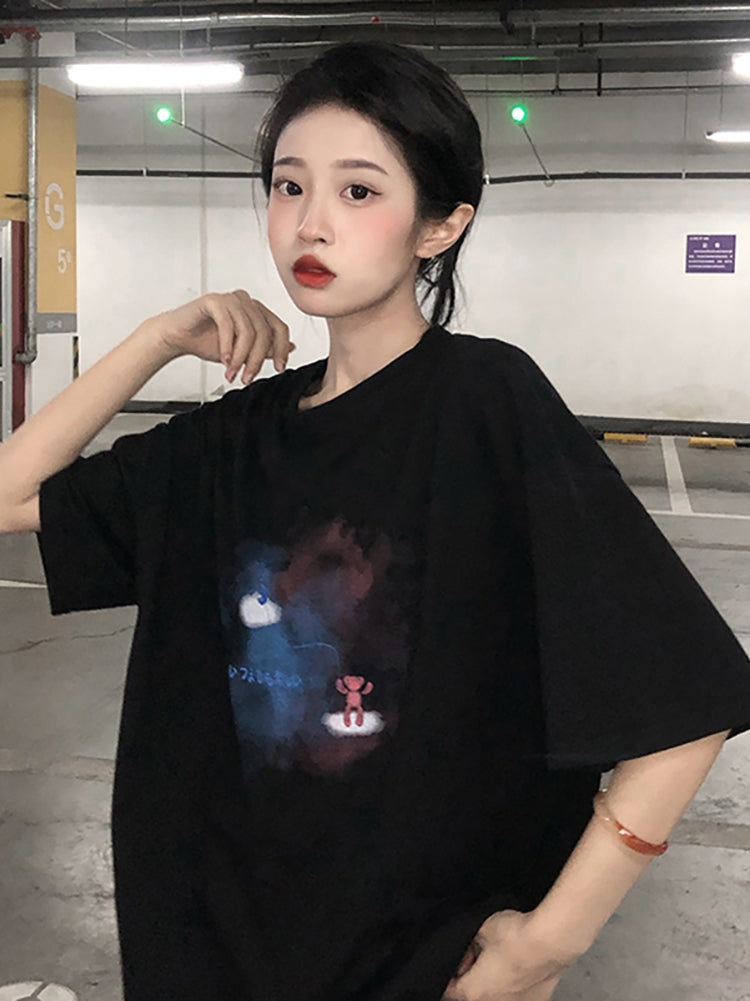 Retro Bear Super Fire Ins Loose Large Size Short-sleeved Design Top