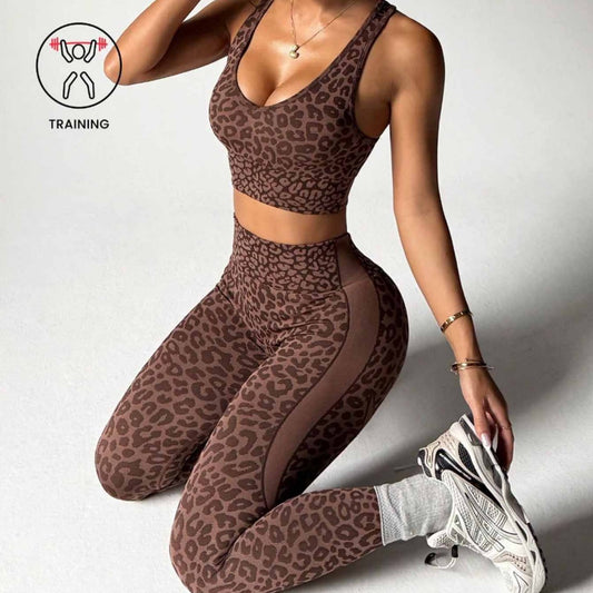 Leopard-Print Seamless Yoga Bra And Peach-Butt Leggings Set