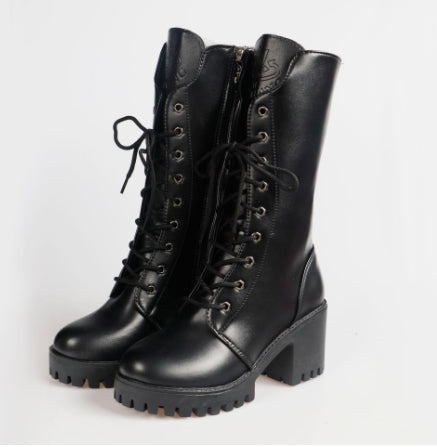 Cross Strap High Heel Short Plush Wedge Round Head Middle Boots