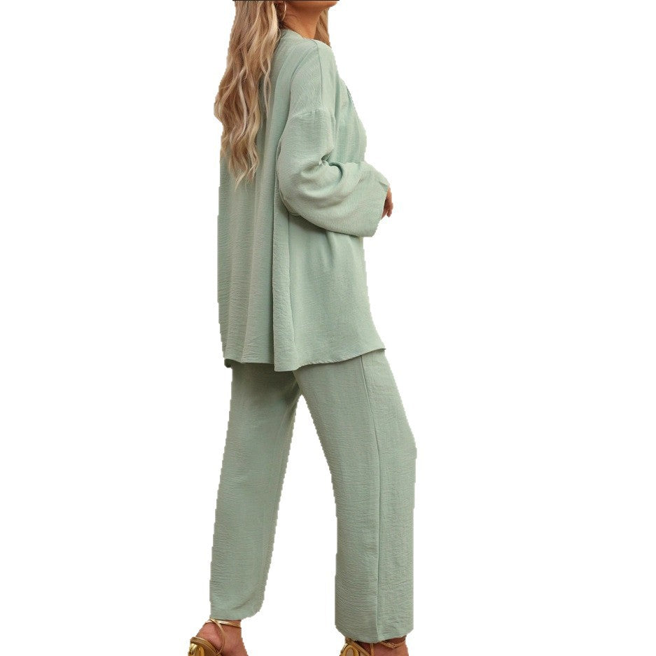 Loose-fitting Cardigan And Wide-leg Pants Two-piece Set