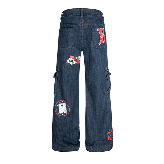 Pattern Dark Flower Funny Multi-pocket Loose And Idle Sense Jeans For Men And Women