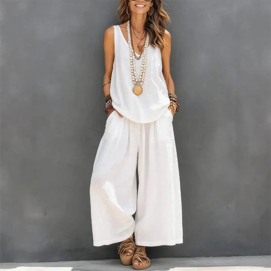 Womens Solid-Colored Casual Sleeveless Tank Top And Wide-Leg Pants Cotton-Linen Set