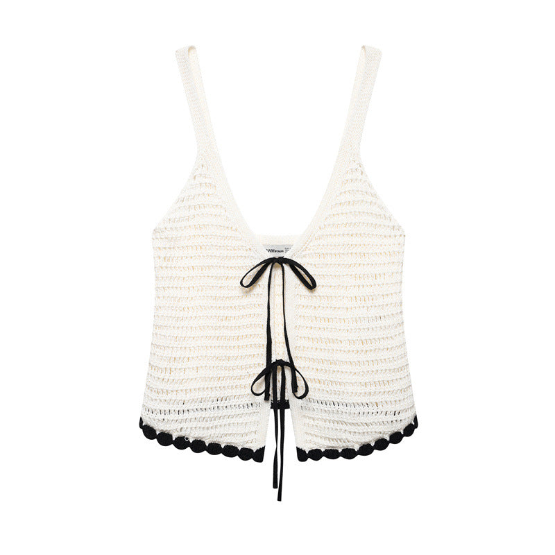 Summer Contrast Color Knitted Bowknot Decoration Crocheted Top
