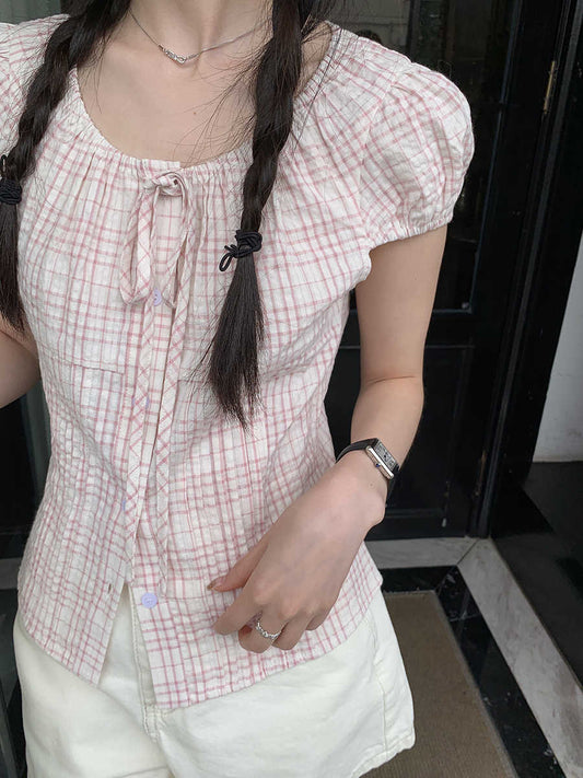Lace-up Bow Puff Sleeve Retro Plaid Shirt