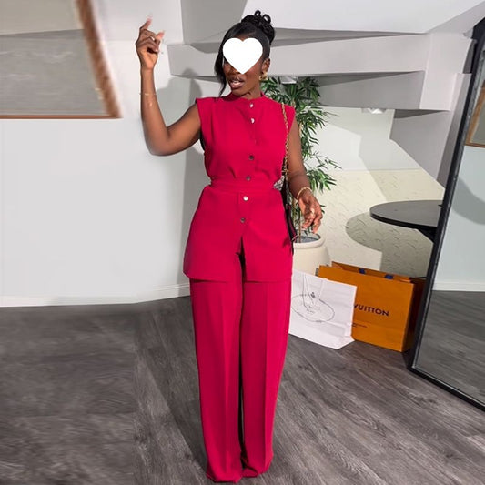 Featuring A Mandarin-collar Button-front Sleeveless Top And Wide-leg Pants