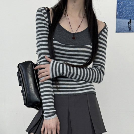 New Striped Sun-protective Long-sleeve Faux Two-piece Contrast-color T-shirt