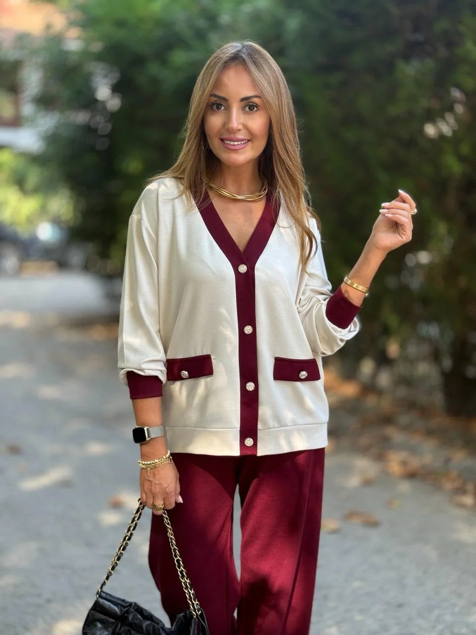 New Coat Casual Contrast Color V-neck Knitted Cardigan Long-sleeve Suit