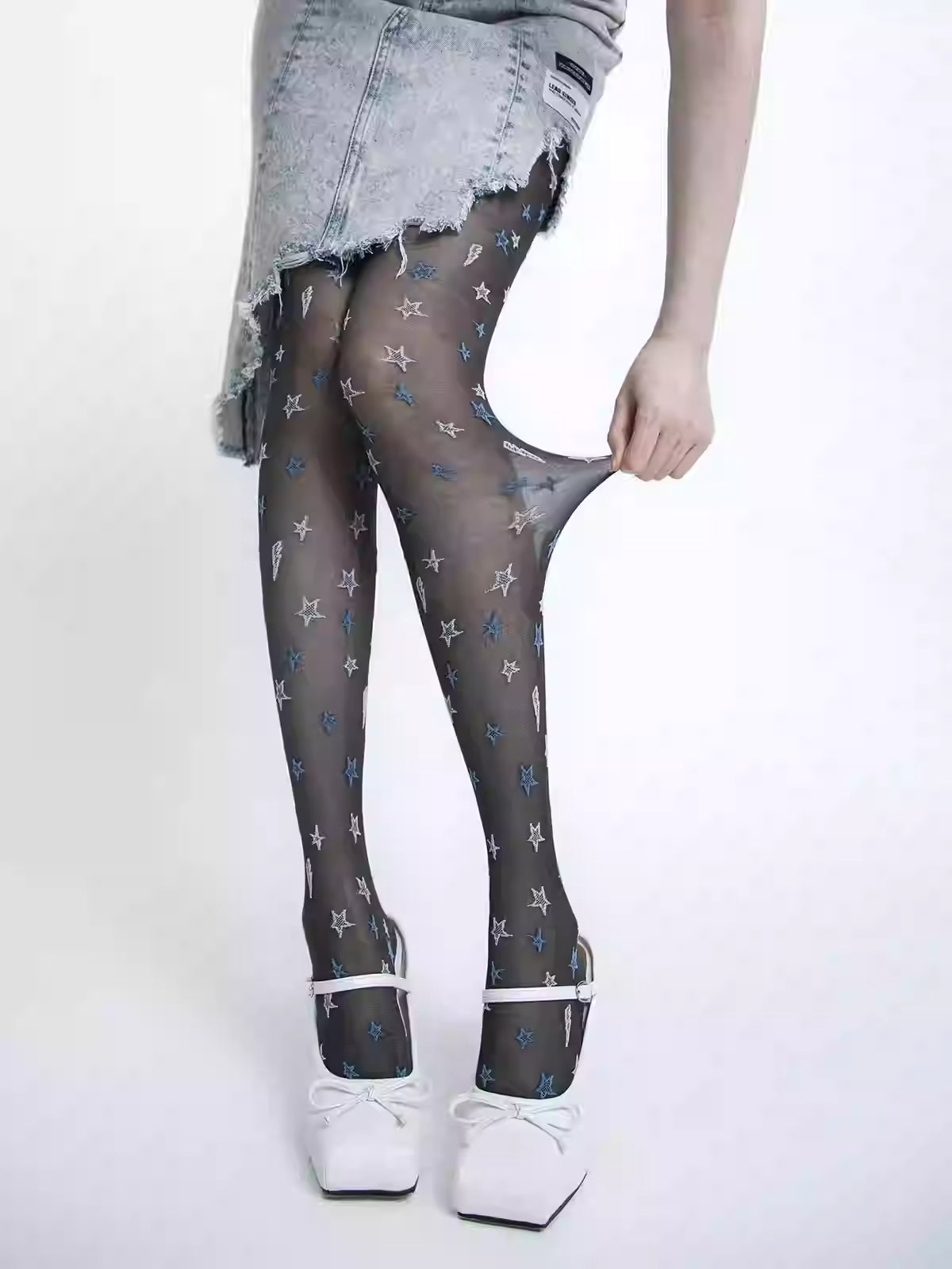 Thin White And Blue Five-pointed Star Romper Stockings For Women