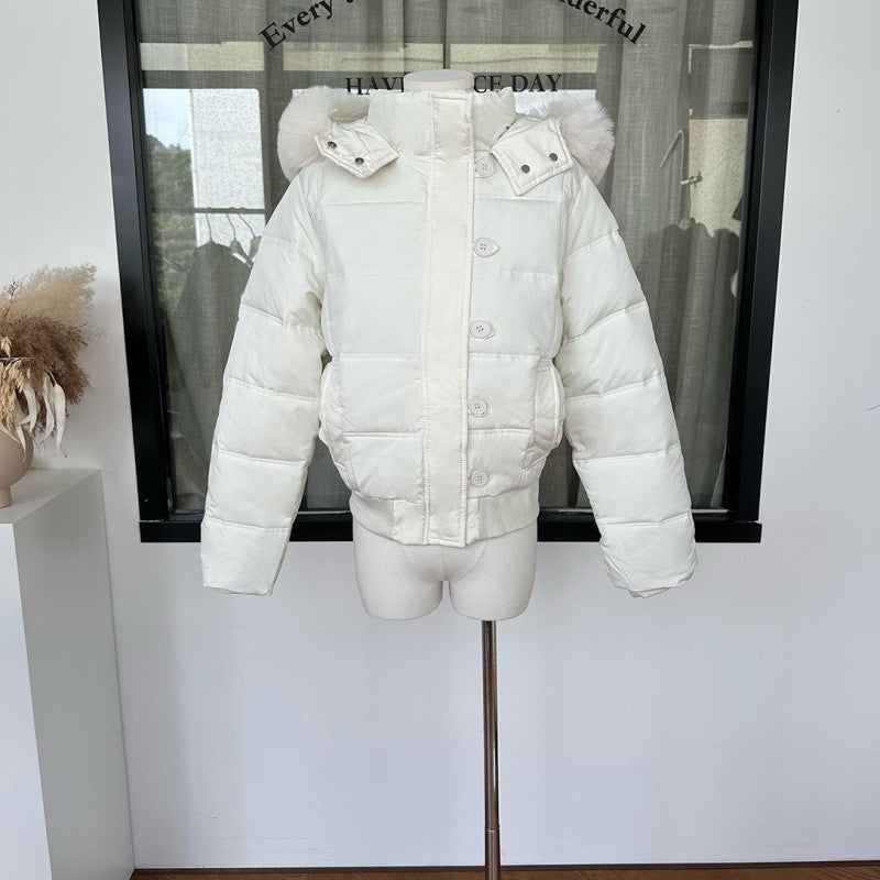 Winter Down Cotton Jacket Women's Short Big Fur Collar Hooded