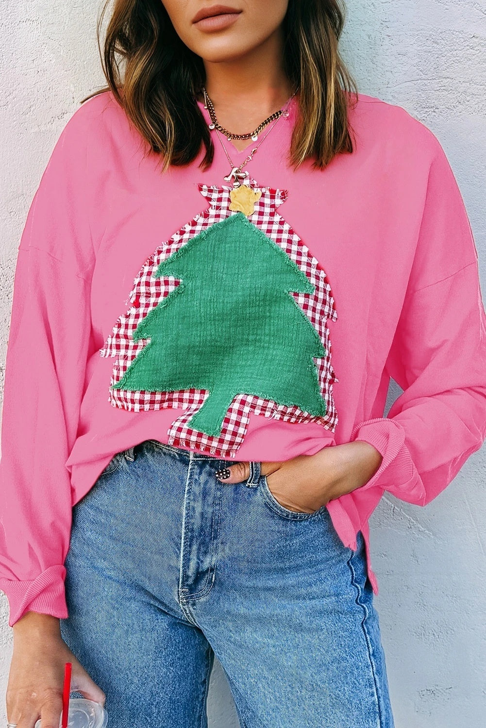 Dame juletræslappet off-shoulder sweater