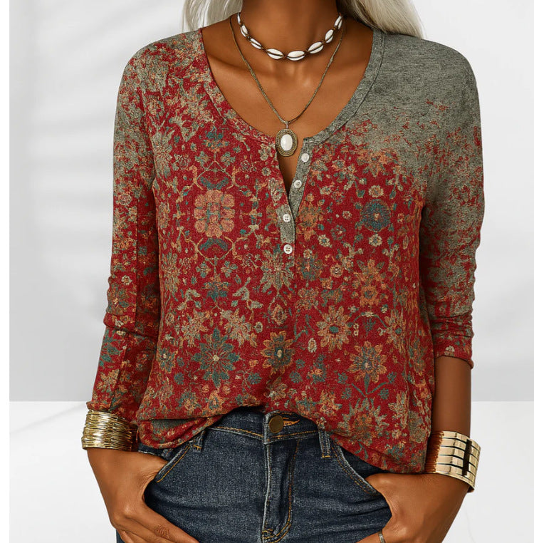 Women's Long-Sleeve Printed V-Neck Loose T-Shirt