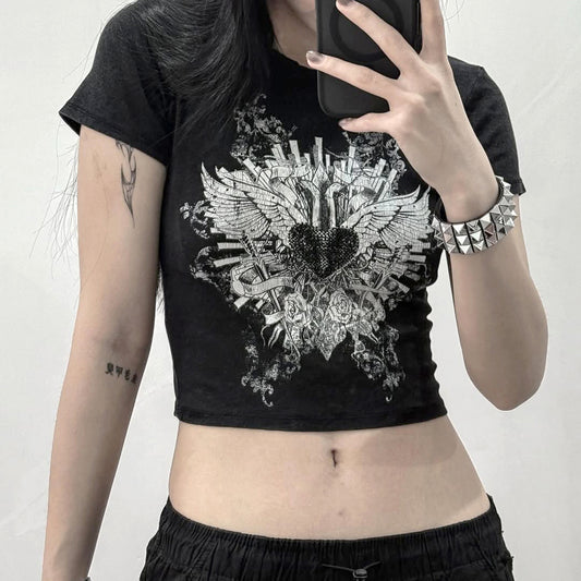 Dark-style Edgy Printed Black Crew-neck T-shirt For Summer