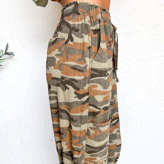 Green Camouflage Printed Drawstring Elastic Waist Jogger Pants