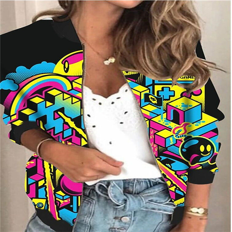 Ladies Jacket Print Cropped Zipper Coat