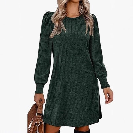 Womens Knitted Puffed-sleeve Long-sleeve Crew-neck Dress With Pockets