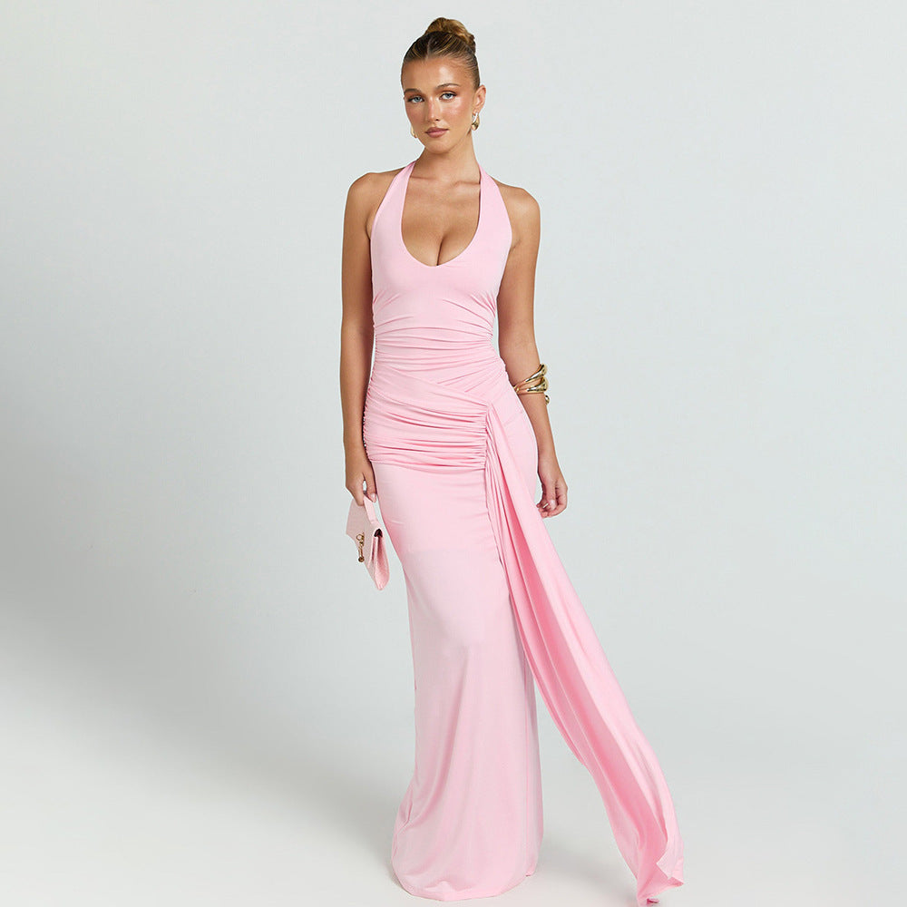 Womens Sexy Waist-Cinching Backless Halter Dress