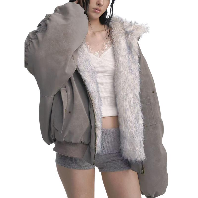 Gray Double-sided Dyed Pointed Fur Vintage Cotton-padded Jacket Coat