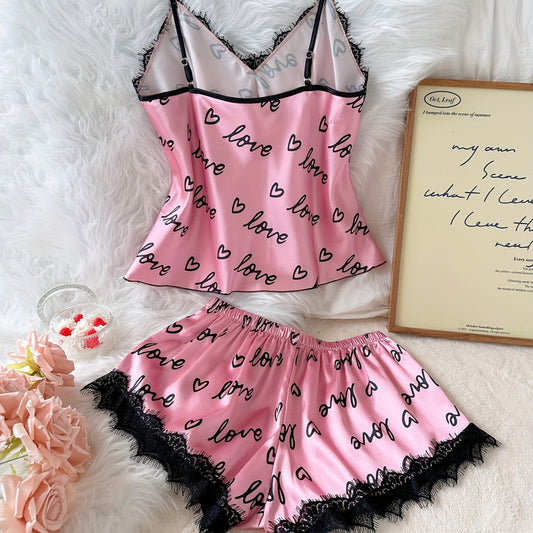 Womens Sleeveless Ice Silk Lace-Trimmed Laced Pajama Set