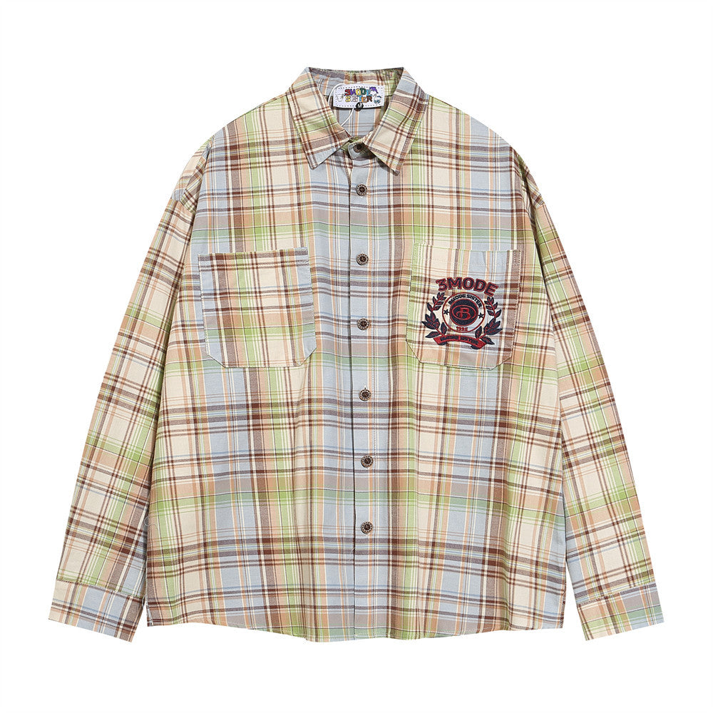 Embroidered Pocket Casual Polo Collar Checked Shirt