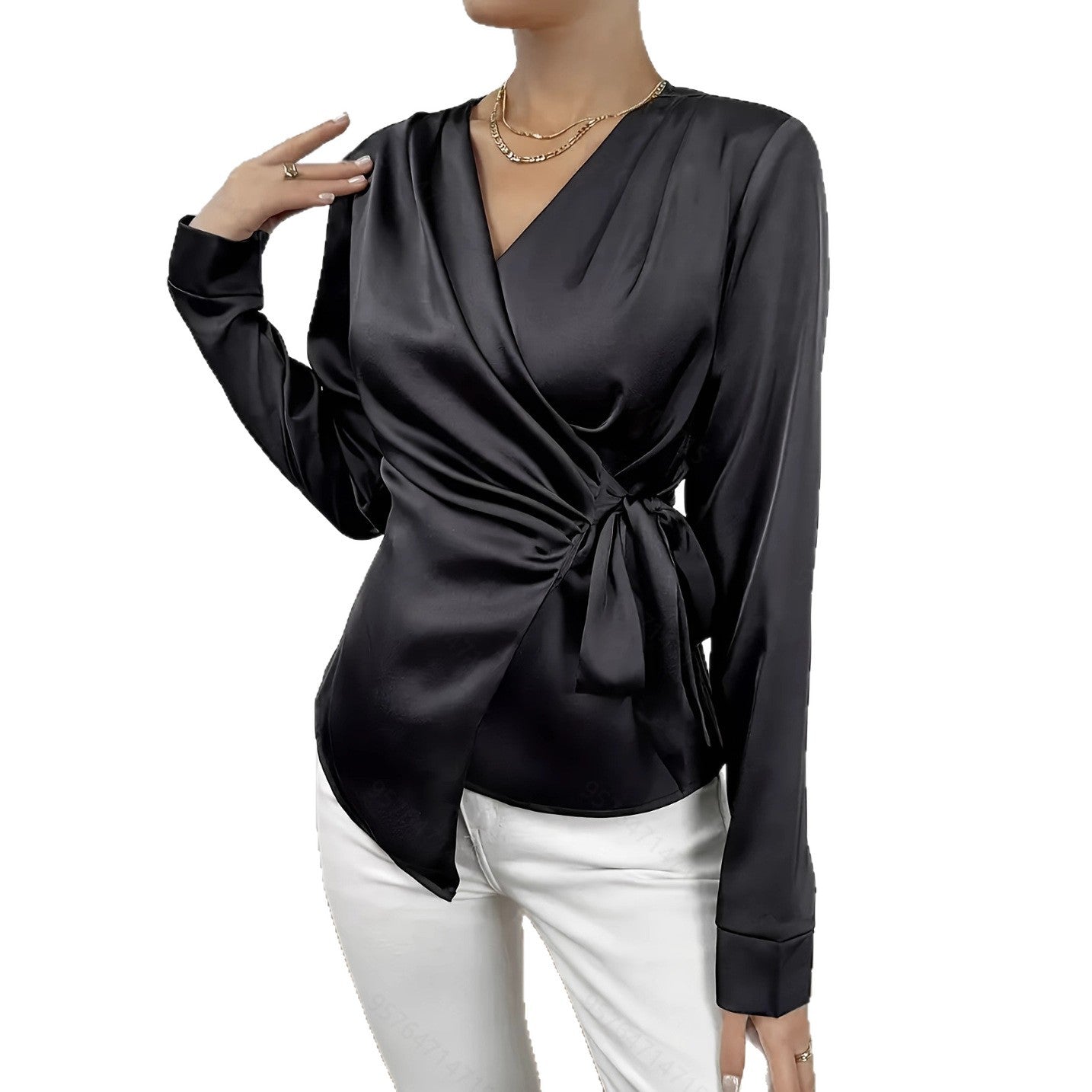 Luxury High-end Light Mature Waist-tie Long Sleeve Top