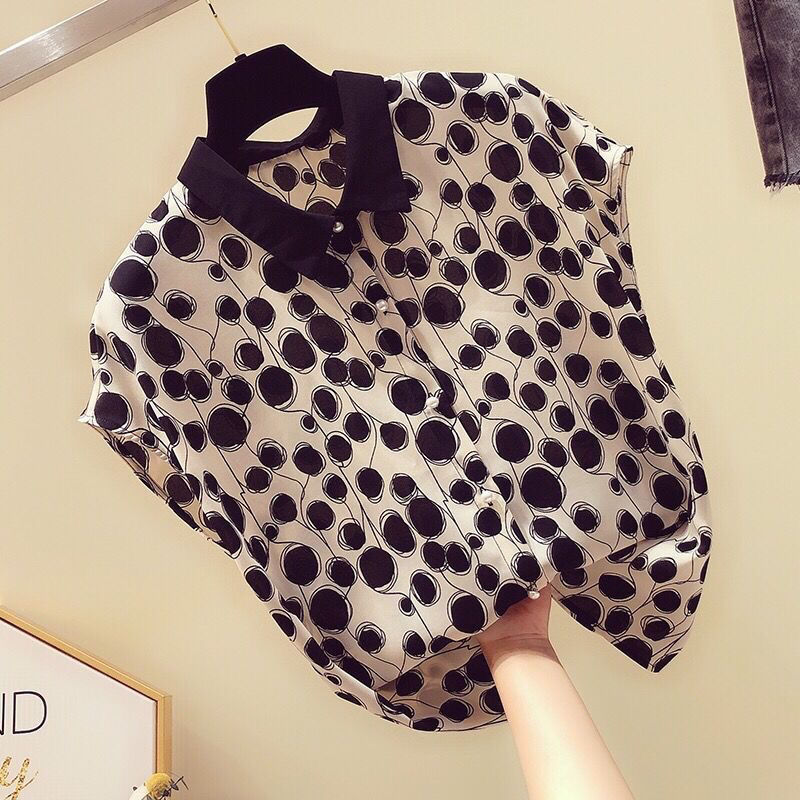 French Style Polka Dot Chiffon Shirt Short Sleeve Top