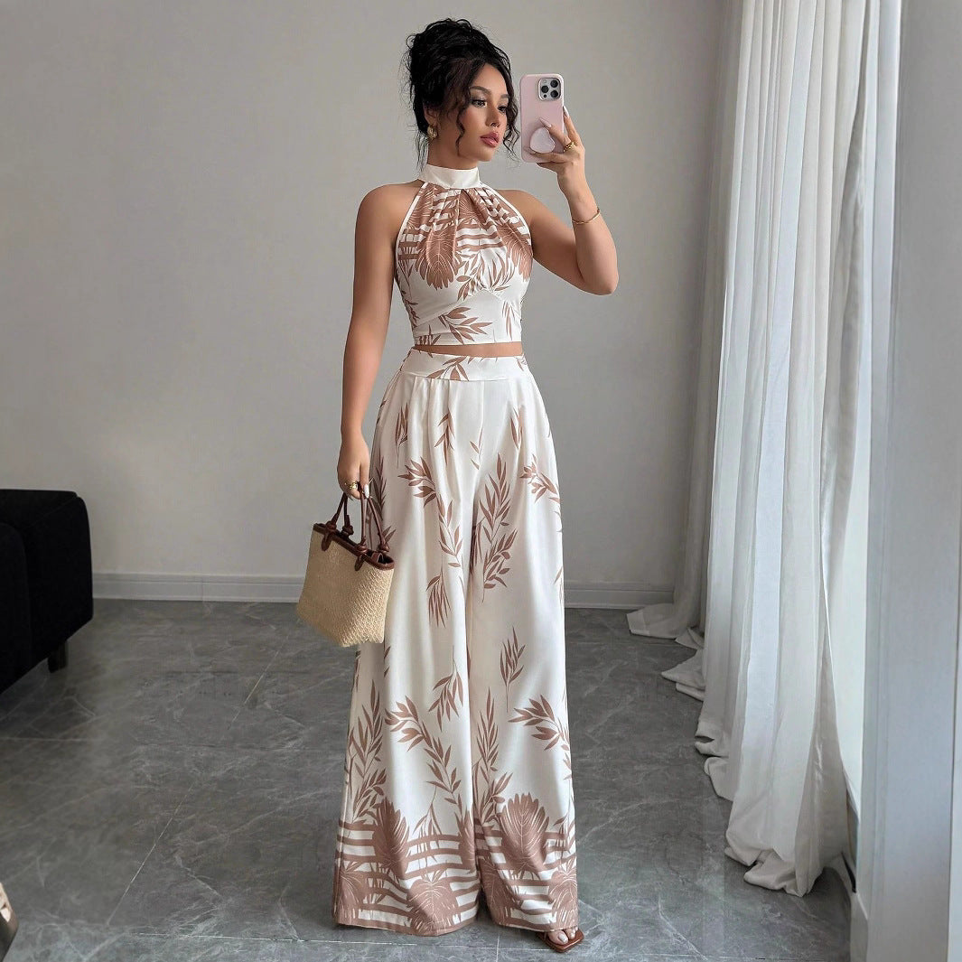 Neck-hanging Vest And Wide-leg Trousers Printed Set