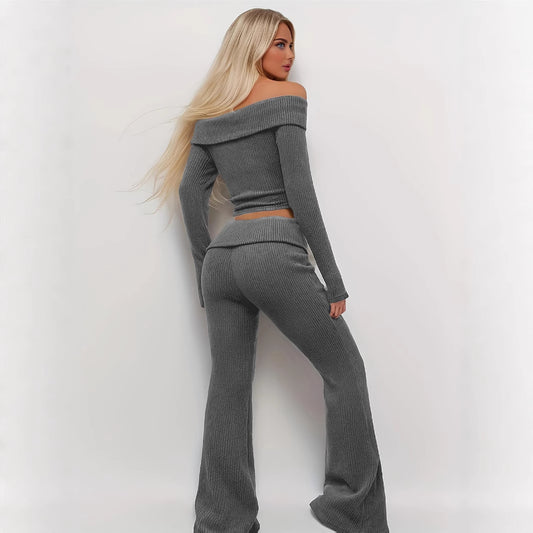 Women's Solid Color Off-Shoulder Long Sleeve Top And Flared Pants Set