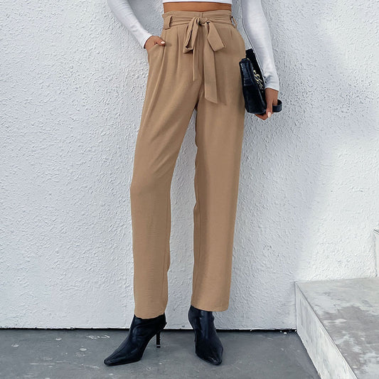 European And American Commuter Style Elastic Tie Wide Leg Pants For Women