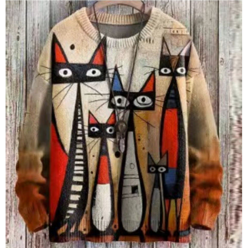 Abstract Style Digital Printing Drop-shoulder Long-sleeve Women's Sweater Casual All-matching