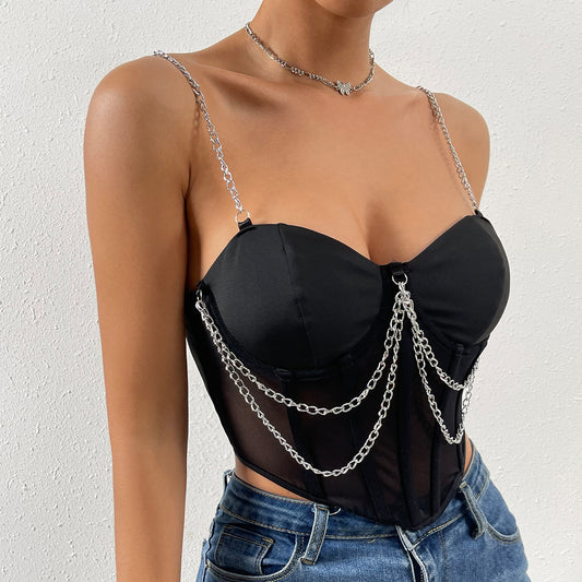 Mesh Sheer Deep V-Neck Asymmetrical Underwire Fishbone Backless Chain-Strap Top