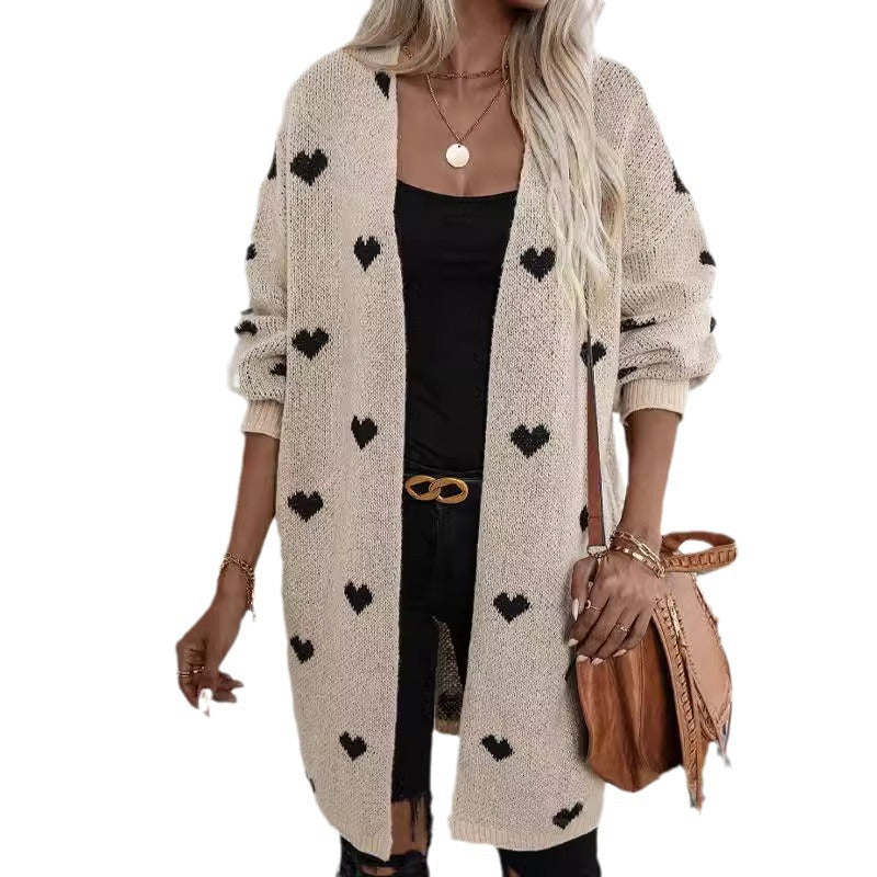 Long Heart Jacquard Sweater Coat