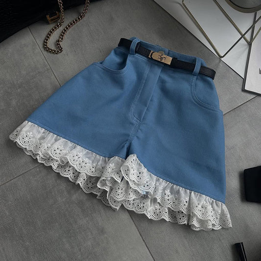 Women's High Waist Lace Stitching Shorts