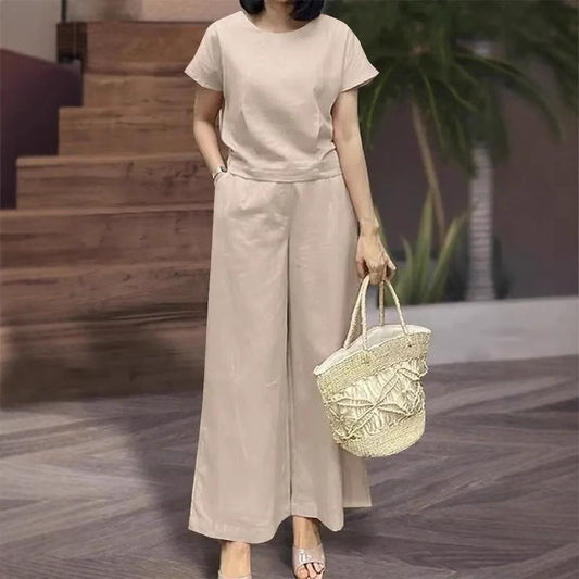 Womens Short-Sleeve Sporty Casual Set Cropped Loose Top And Cropped Pants Two-Piece Set