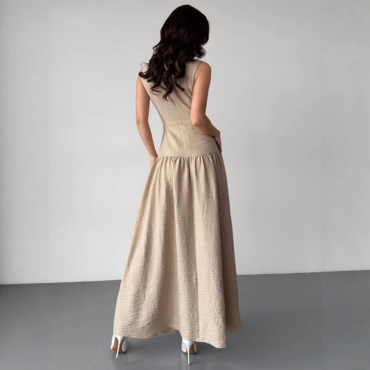 Elegant Womens Vintage Linen Sleeveless Maxi Dress