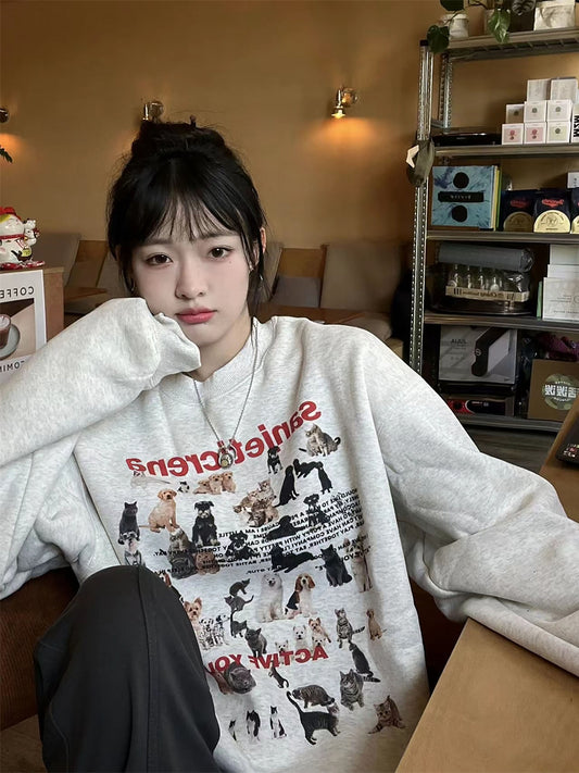 Retro Cartoon Cat Puppy Gray Round-collar Sweater