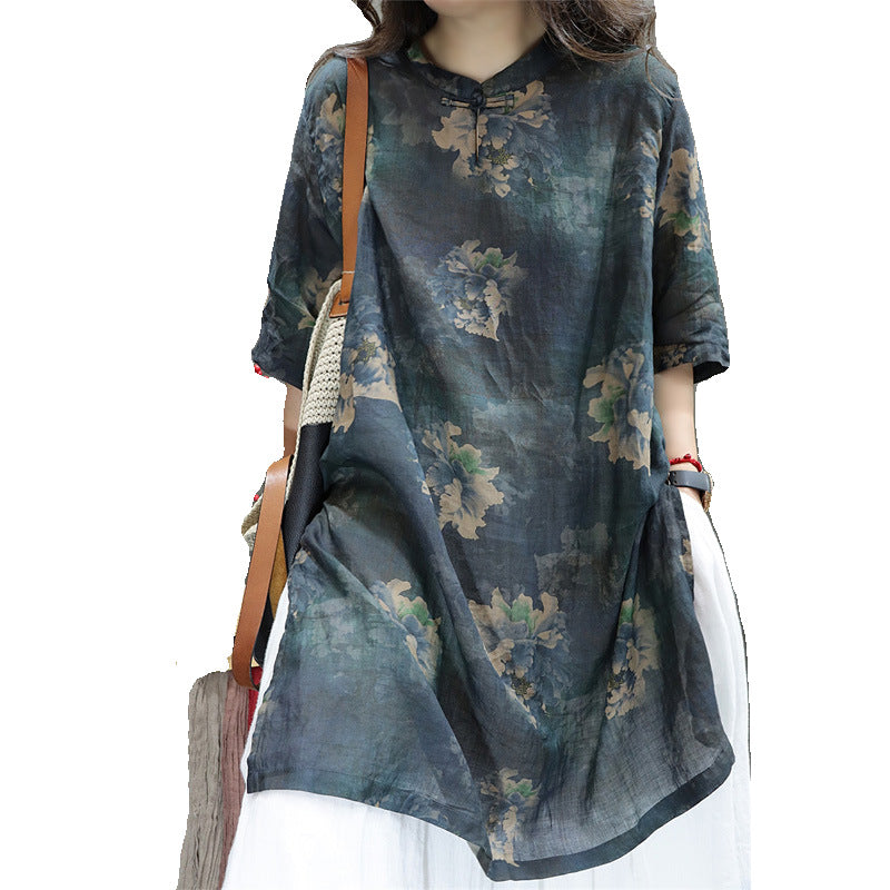 Stand Collar Buckle Loose Western Style Mid-length Shirt Dress