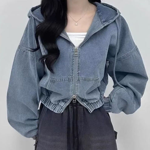 Hong Kong Style Elegant Double Zipper Loose Leisure Short Long Sleeve Hooded Denim Jacket