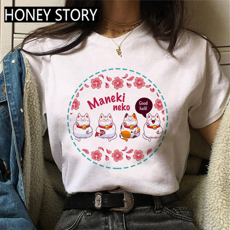 Kitten Print Round Neck Women's Loose Short Sleeve T-shirt