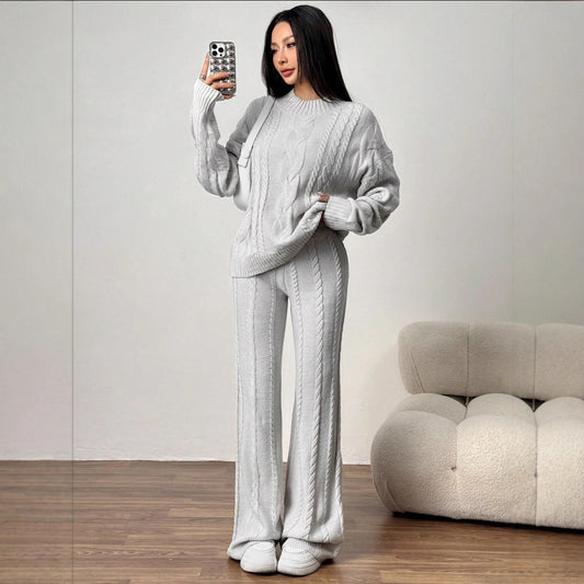 Womens Cable-Knit Knitwear Set With Wide-Leg Pants And A Relaxed Fit
