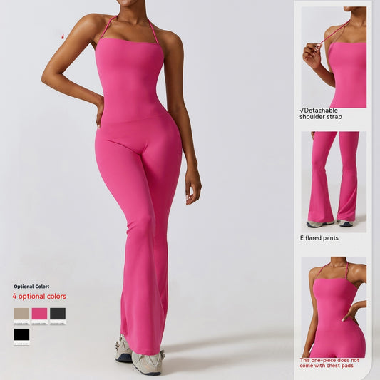 Tætsiddende yoga-jumpsuit til kvinder – 'Nude Feel' nylon med trompetbukser