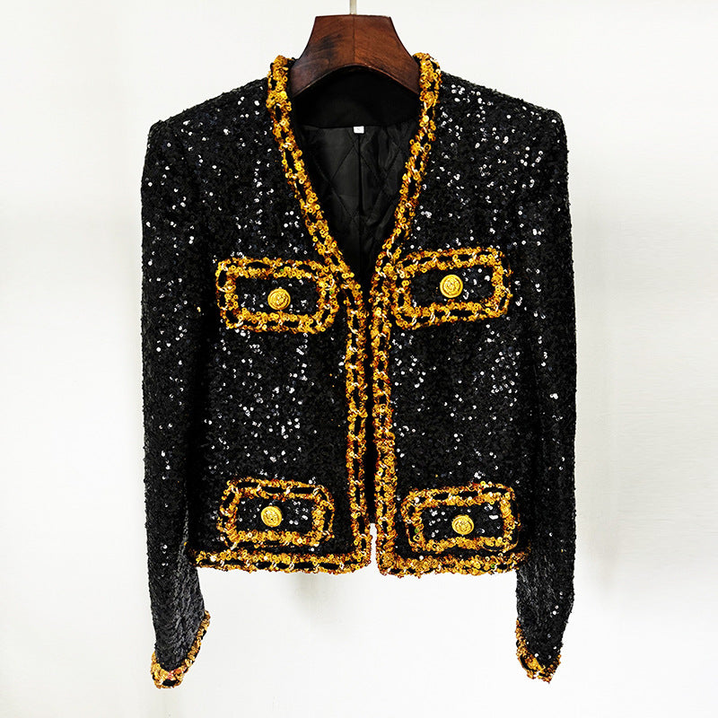 Fashion New Heavy Embroidery Sequins Chain Short Jacket Cardigan Coat