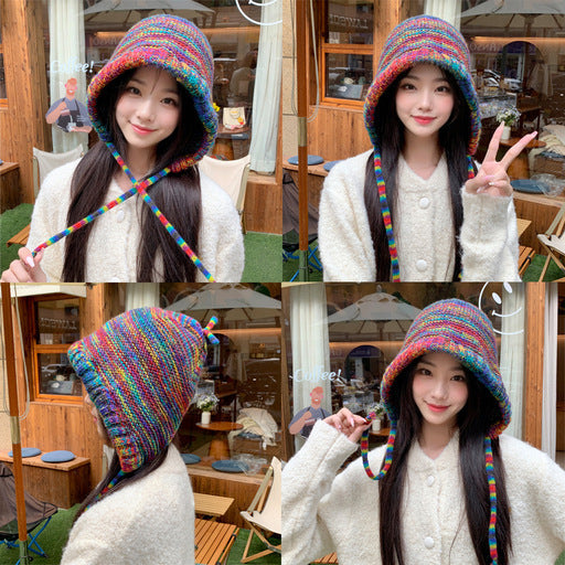 AutumnWinter Rainbow Striped Earflap Knit Hat