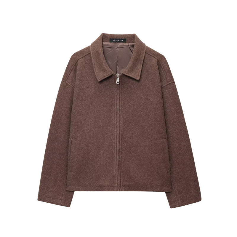 European And American Women's Clothing Brown Polo Collar Jacket Zipper Woolen Coat