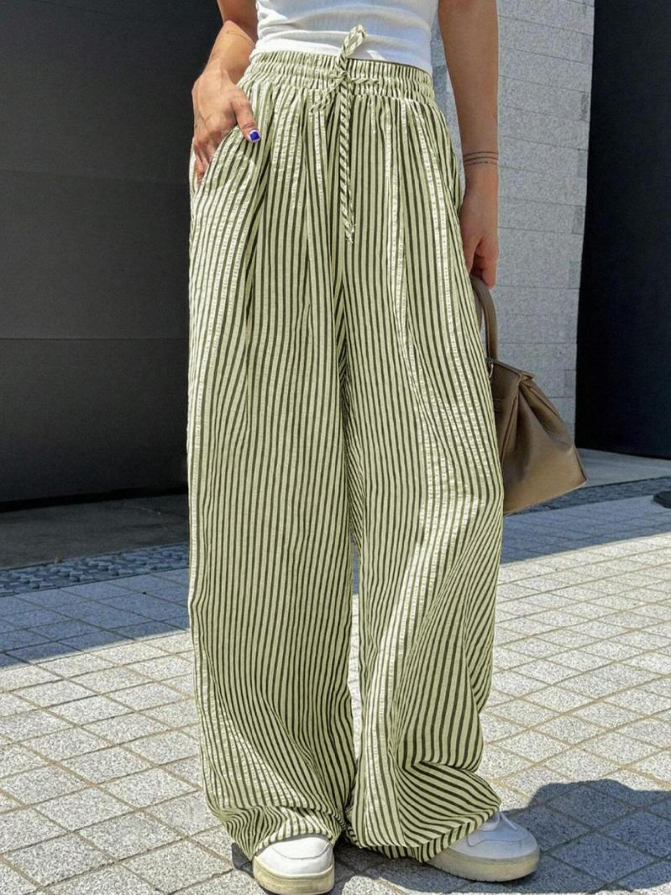 Women's High Waist Loose Casual Striped Straight-leg Pants