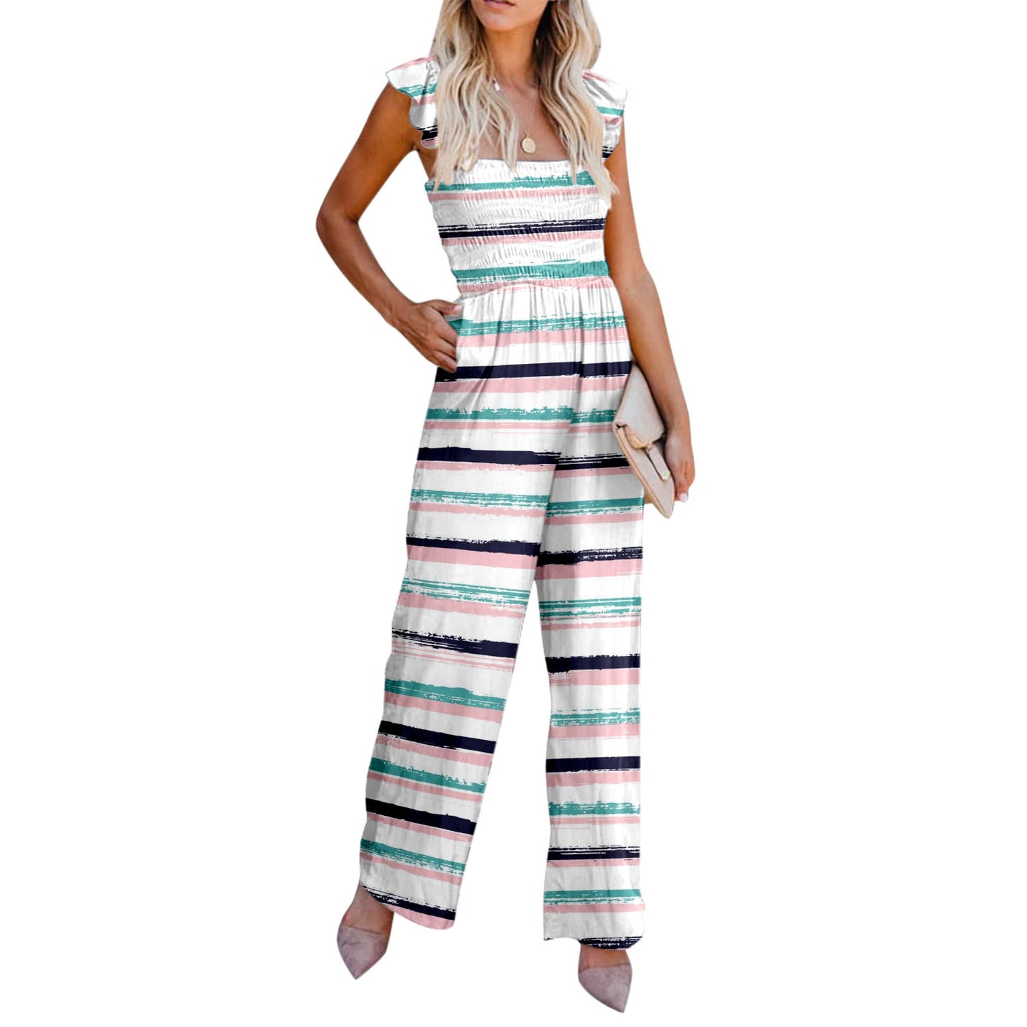 Women's Casual Ruffled Shoulder Straps High Waist Solid Color Wide Leg Jumpsuit